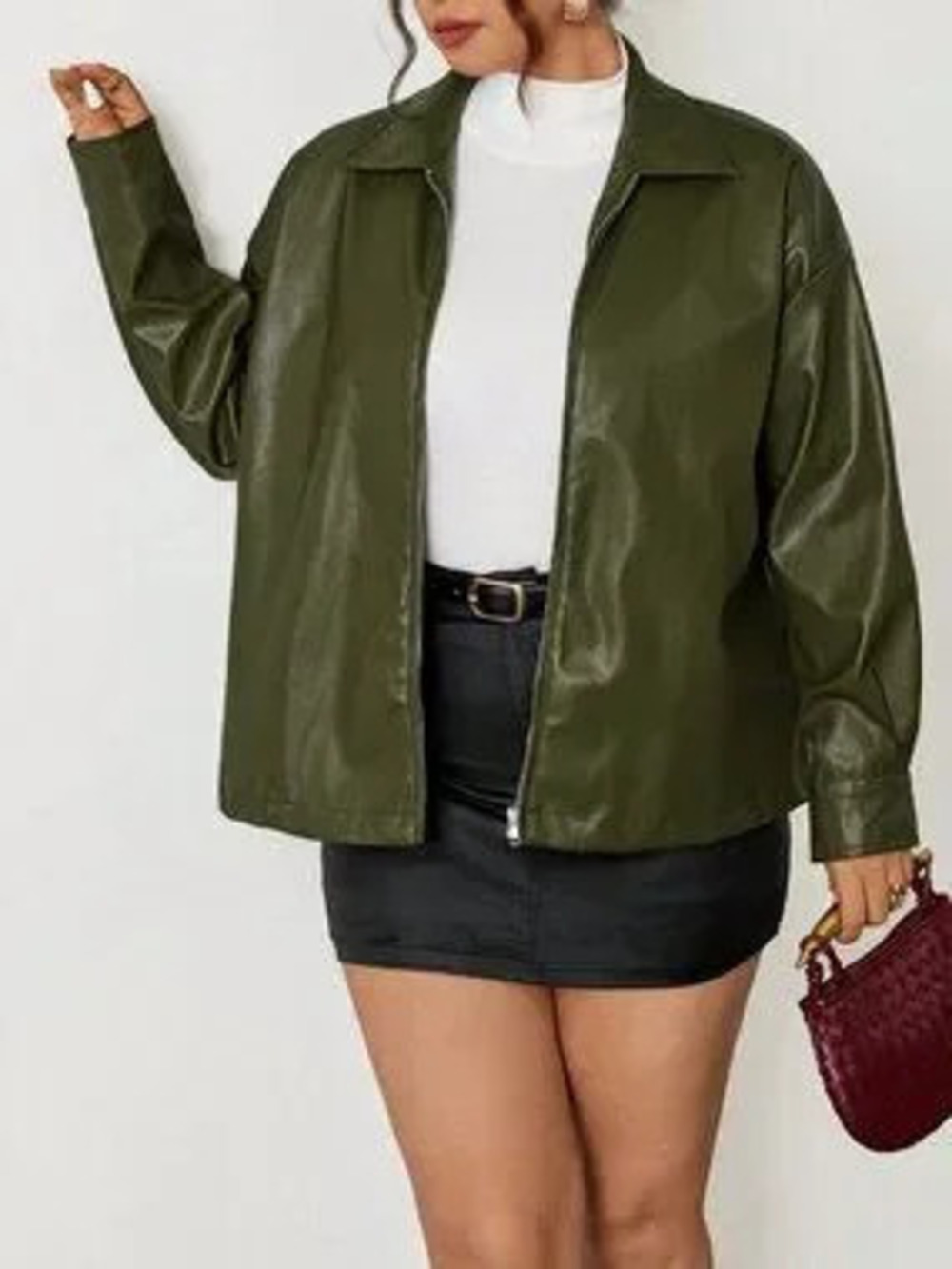 Green Casual Women's Plus Size Zip-Up Smart Long Sleeve Jacket